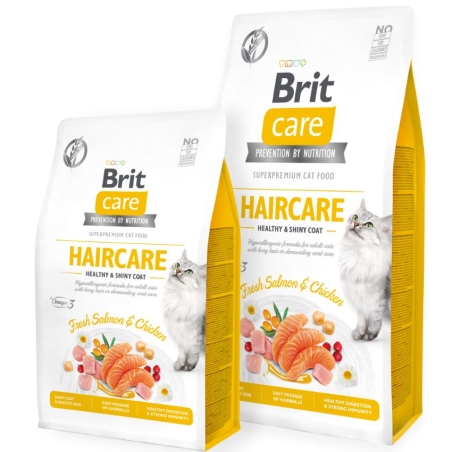 Пълноценна суха храна за котки за красива козина и здрава кожа Brit Care Cat Grain-Free HAIRCARE HEALTHY AND SHINY COAT със 26% прясно месо от сьомга, 26% пилешко и зеленчуци, БЕЗ зърнени култури 2 кг.