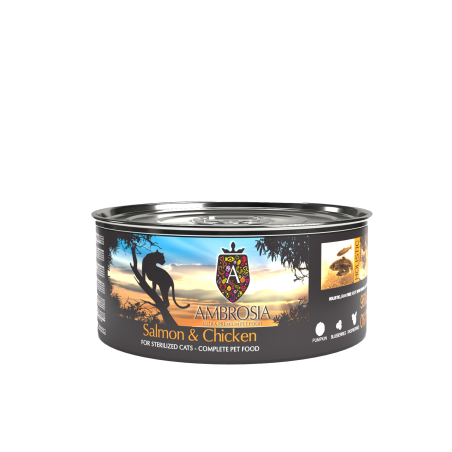 Ambrosia здравословна храна за за кастрирани , възрастни и котки с наднормено тегло със Сьомга и Пиле 150гр.