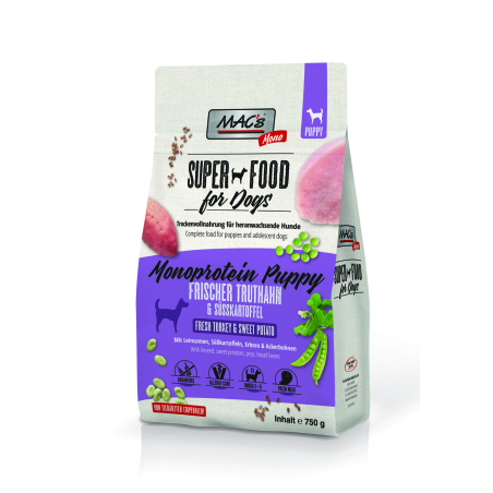 Mac's Monoprotein Puppy суха храна с пуешко, ленено семе и ананас за капризни и податливи на алергии подрастващи кучета - 750 гр