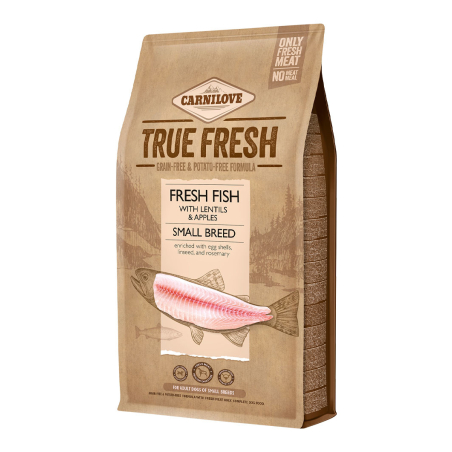 Ултра премиум суха храна Carnilove TRUE FRESH FISH Small Breed със 60% истинско, прясна риба, черупки от яйца, ленено семе и розмарин БЕЗ ЗЪРНЕНИ КУЛТУРИ, подходяща за кучета от малките породи 1.4 кг.