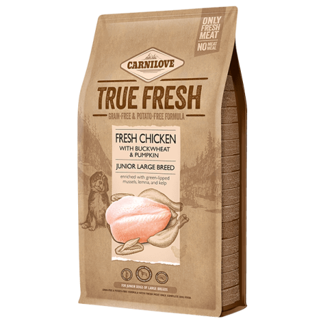 Ултра премиум суха храна за подрастващи кучета от едри породи Carnilove TRUE FRESH Chicken Junior Large със 60% истинско, прясно пилешко месо, обогатена със зеленоуста мида, червена леща и келп 1.400 кг.