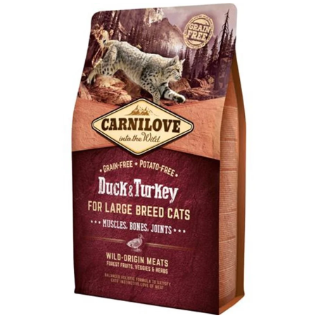 Пълноценна суха храна за котки от големите породи Carnilove Duck & Turkey – Large breed Cats със 32% патешко и 18% пуешко, БЕЗ ЗЪРНЕНИ КУЛТУРИ 2 кг.