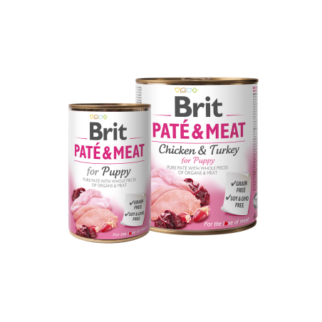BRIT PATÉ & MEAT – PUPPY – консервирана храна за кучета с 29% прясно пилешко месо и 21% пуешко 0.400 кг.