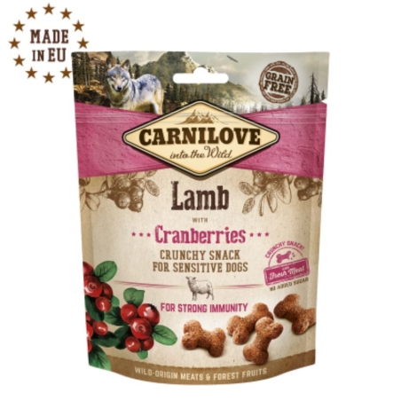Хрупкави лакомства за куче Carnilove Crunchy snack Lamb with Cranberries with Fresh meat с 15 % Прясно агнешко, 35% сушено и боровинки, БЕЗ ЗЪРНЕНИ КУЛТУРИ 0.200 кг.