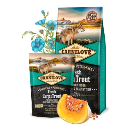 Натурална суха храна с прясноНатурална суха храна с прясно месо за кучета Carnilove FRESH Carp & Trout Shiny Hair & Healthy Skin Adult със 26% шаран и 18% пъстърва, БЕЗ ЗЪРНЕНИ КУЛТУРИ 1.5 кг. месо за добро храносмилане за кучета от малки породи Carnilove