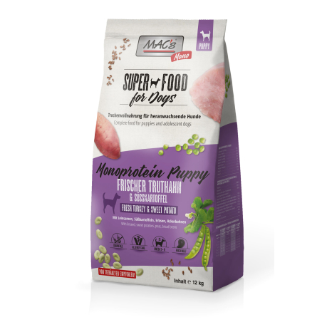 Mac's Monoprotein Puppy суха храна с пуешко, ленено семе и ананас за капризни и податливи на алергии подрастващи кучета -  3 кг