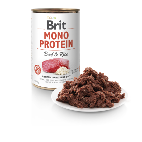 BRIT MONO PROTEIN BEEF&RICE – консеврирана кучешка храна с телешко и ориз 0.400 кг.