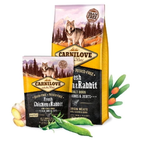 Натурална суха храна с прясно месо за здрави мускули и стави за кучета Carnilove FRESH Chicken & Rabbit muscles, bones and joints for Adult със 40% прясно пилешко и 20% заешко, БЕЗ ЗЪРНЕНИ КУЛТУРИ 1.5 кг.