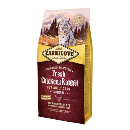 Пълноценна суха храна за котки Carnilove Fresh Chicken & Rabbit Gourmand for Adult cats с 42% прясно пилешко и 22% заешко БЕЗ ЗЪРНЕНИ КУЛТУРИ 2 кг.