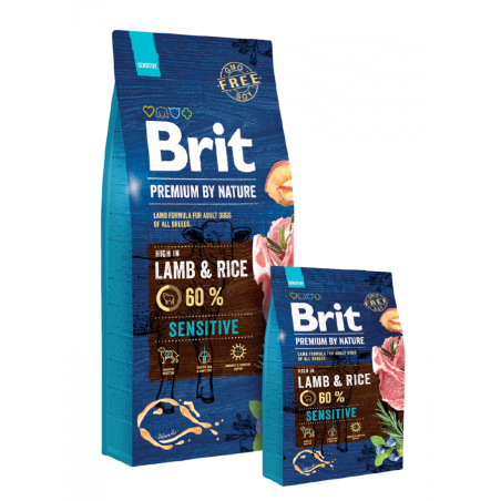 Суха храна за кучета BRIT PREMIUM SENSITIVE LAMB & RICE BY NATURE [ НОВА, ПОДОБРЕНА ФОРМУЛА ] с 45% прясно агнешко месо 15 кг.
