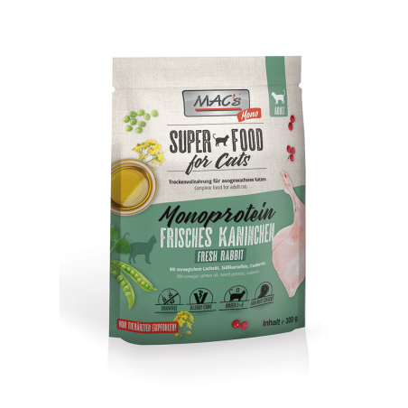 Mac's Monoprotein Adult монопротеинна суха храна със заешко, грах и боровинки за капризни, чувствителни или алергични котки - 300 гр