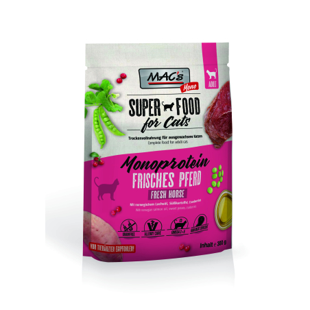 Mac's Monoprotein Adult суха храна с конско, сладък картоф и червени боровинки за капризни и чувствителни котки - 300 гр,