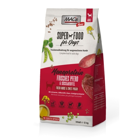 Mac's Monoprotein Horse суха храна с конско, ленено семе и сладък картоф за капризни, чувствителни или податливи на алергии кучета - 12 кг
