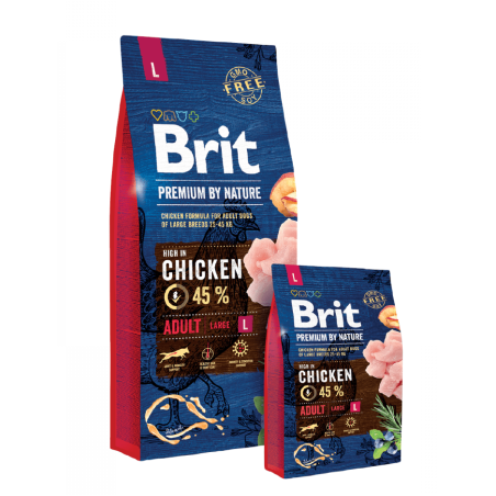 Суха храна за кучета BRIT PREMIUM ADULT L BY NATURE [ НОВА, ПОДОБРЕНА ФОРМУЛА ] с 45% прясно пилешко месо 15 кг.