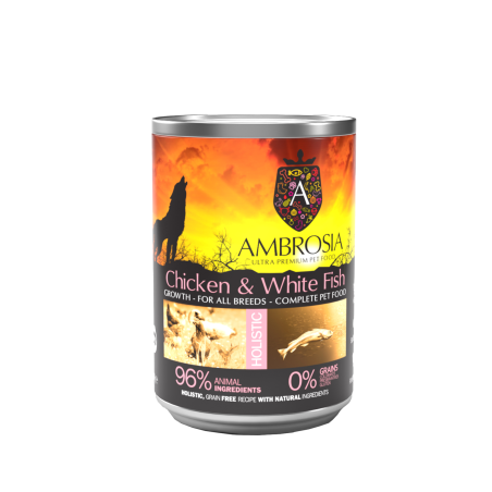 Ambrosia здравословна храна за бебета кучета от всички породи с Пиле и Бяла Риба 400гр.