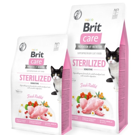 Пълноценна суха храна за кастрирани котки за добро храносмилане Brit Care Cat Grain-Free STERILIZED SENSITIVE със 26% заешко месо и зеленчуци, БЕЗ зърнени култури 2 кг.
