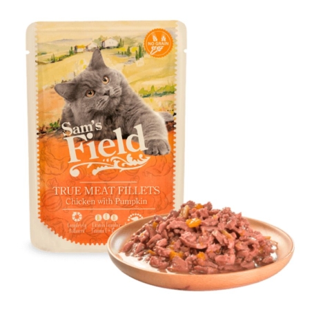 Натурална, морка храна за котки Sam’s field CAT POUCH Chicken FILLETS with Pumpkin филенца от 85% прясно пилешко месо и тиква 85 гр.
