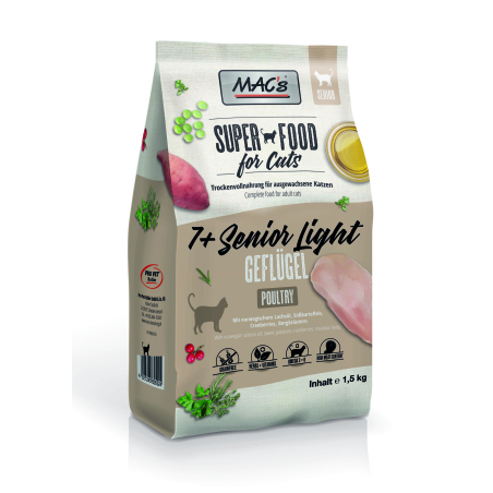 Mac's Senior 7+ / Light суха храна с пилешко, боровинки и билки за възрастни, кастрирани или слабоактивни котки -  1.5 кг