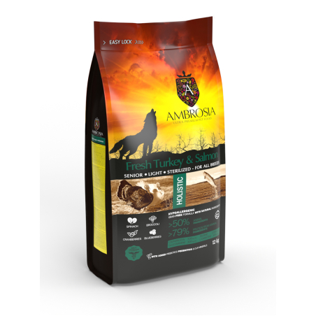Ambrosia• Аll breeds adult •Ultra premium • sterilized ,senior,light за кучета възрастни и стерилизираниот всички породи с Прясна пуйка и сьомга 12кг.