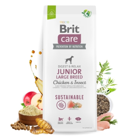 Brit Care Dog Sustainable Junior Large Breed Chicken&Insect- Супер премиум суха храна за подрастващи кученца от големите породи. С високоусвоим протеин от насекоми и пилешко месо 1 кг.