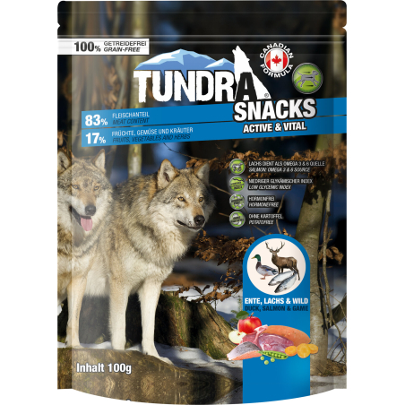 Tundra лакомство за активни кучета с патица, сьомга и дивеч 100 гр