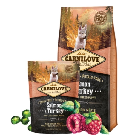 Пълноценна, суха храна за малки кученца от големи породи Carnilove Salmon & Turkey for Large Breed Puppy със 25% сьомга и 20% пуешко, БЕЗ ЗЪРНЕНИ КУЛТУРИ 1.5 кг.