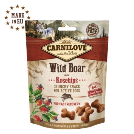 Хрупкави лакомства за активни кучета Carnilove Crunchy snack Wild Boar with Rosehips with Fresh meat с 15% Прясно месо от глиган, 35% сушено и шипки, БЕЗ ЗЪРНЕНИ КУЛТУРИ 0.200 кг.