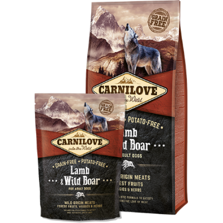 Пълноценна, суха храна за кучета Carnilove Lamb & Wild Boar Adult със 30% глиганско и 25% агнешко, БЕЗ ЗЪРНЕНИ КУЛТУРИ 1.5 кг.
