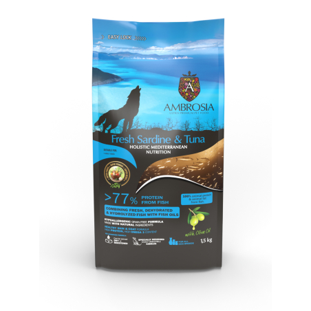 Ambrosia• Аll breeds adult •Ultra premium за кучета от всички породи над 12 месечна възраст с Прясна сардина и риба тон 5кг.