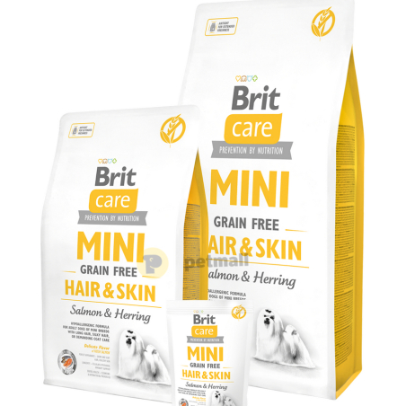 Пълноценна суха храна Brit Care Mini Grain Free Hair & Skin за красива козина и здрава кожа, със сьомга и херинга 0.400 кг.