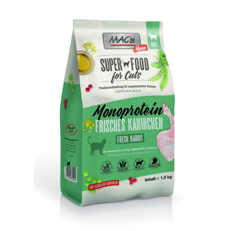 Mac's Monoprotein Adult монопротеинна суха храна със заешко, грах и боровинки за капризни, чувствителни или алергични котки - 1.5 кг