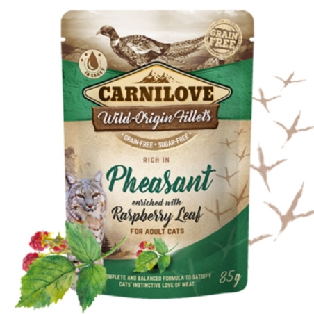 Натурална, мокра храна за котки Carnilove CAT POUCH rich in Pheasant enriched with Raspberry leaves със 71% пилешко месо, 14% месо от фазан, обогатена с малинови листа ,БЕЗ зърнени култури 85 гр.