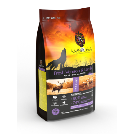 Ambrosia All breeds adult Ultra premium Прясно еленско и агнешко месо от всички породи над 12 месечна възраст 12 кг.