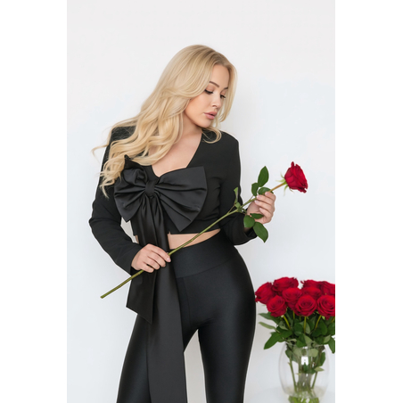 Черна блуза тип късо сако със сатенена панделка Arielle