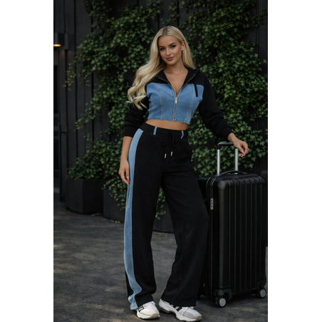 Памучен спортен екип със скъсен суитчър и деним долнище с висока талия