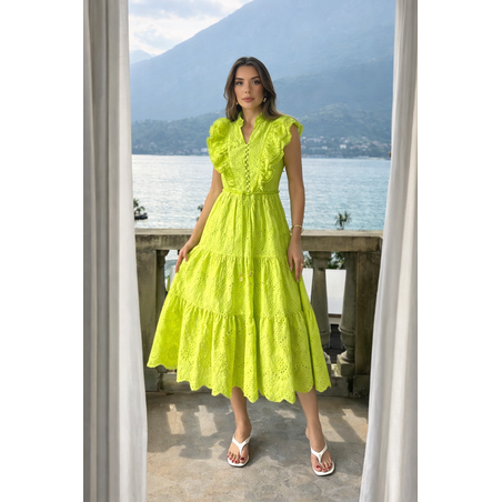 Дълга рокля с английска бродерия - Лайм