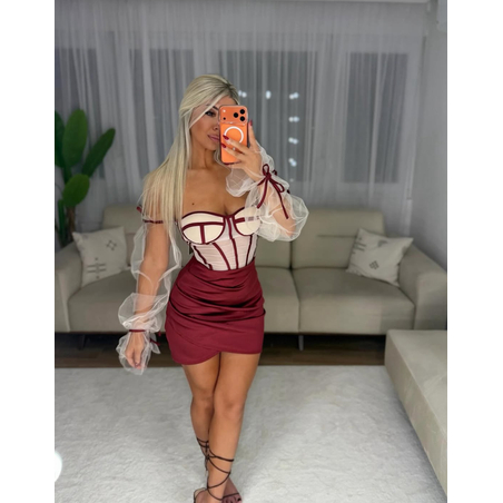 “Tulle Desire” bordo –Сет от бюстие с тюлен ръкав и сатенена пола