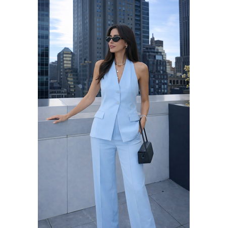 Back Charm Blue -  Костюм от елек с гол гръб и широк панталон