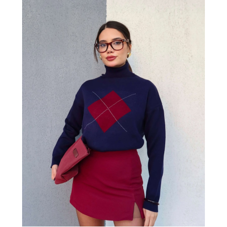 Пуловер с висока поло яка и ромбов дизайн blue
