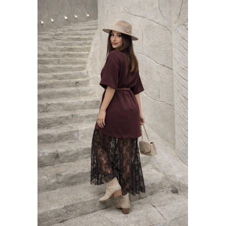 Oyssho Chic Mocha- Овърсайз рокля тип тениска с дантела