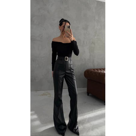 Кожен панталон High Rise Flare с колан Black