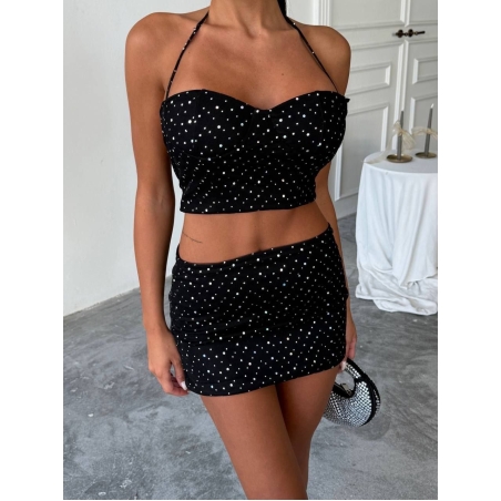 SPARKLE SET Black Комплект с камъни – мини пола и късо бюстие