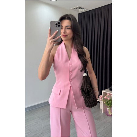 Back Charm  Pink- Костюм от елек с гол гръб и широк панталон