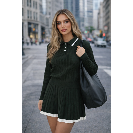 Плетен комплект с якичка и плисирана пола Soft Chic Green