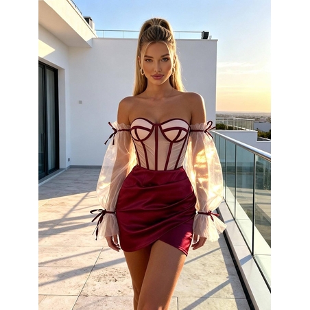 “Tulle Desire” bordo –Сет от бюстие с тюлен ръкав и сатенена пола