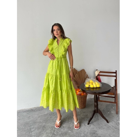 Дълга рокля с английска бродерия - Лайм