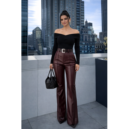 Кожен панталон High Rise Flare с колан Burgundy