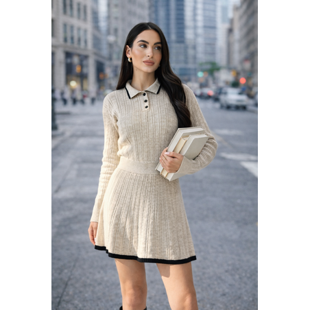 Плетен комплект с якичка и плисирана пола Soft Chic Beige