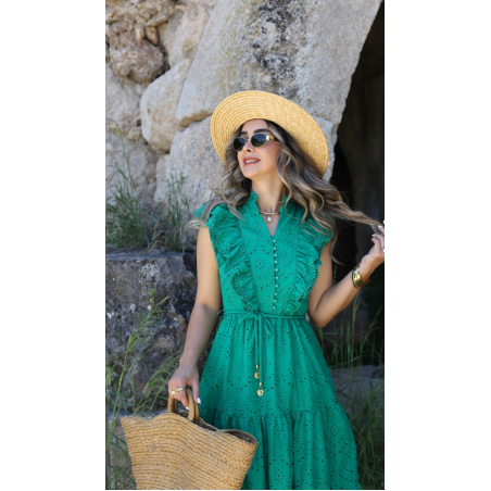 Дълга рокля с английска бродерия Green