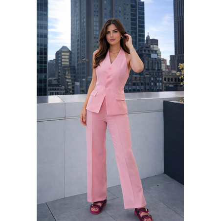 Back Charm  Pink- Костюм от елек с гол гръб и широк панталон